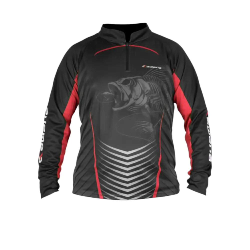 Remera de pesca Kawana UV negra con detalles rojos y gráfico de pez, ideal para protección solar en actividades outdoor