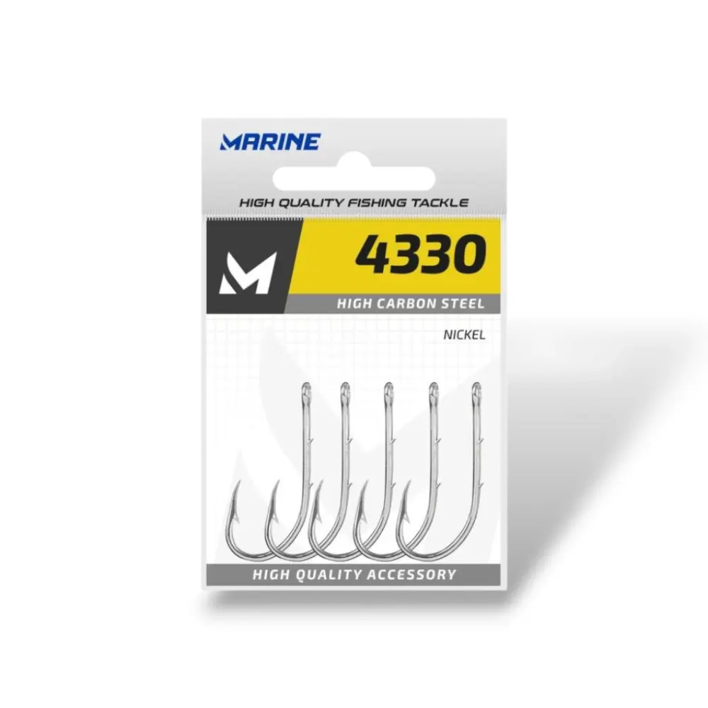 Anzuelo Marine 4330 tipo J de acero alto carbono con recubrimiento de níquel, ideal para pesca en agua salada