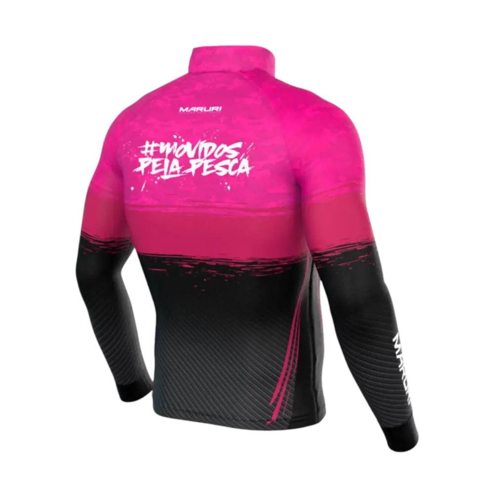 Camisa de pesca Maruri Team UV50+ rosa vista trasera con frase Movidos pela Pesca — ideal para pesca deportiva