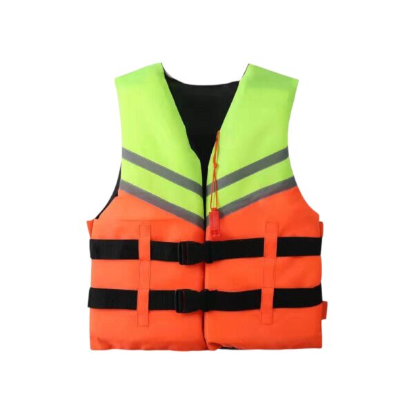 Chaleco salvavidas infantil naranja con correas ajustables para niños.