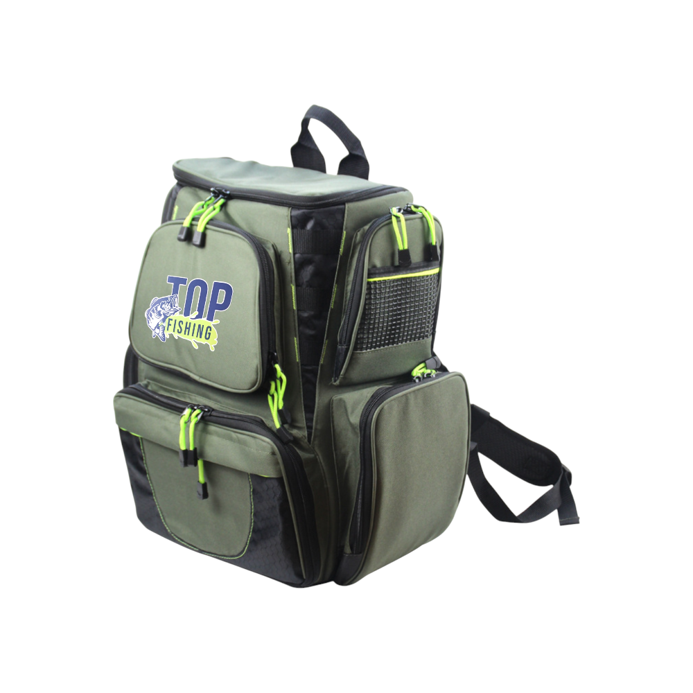 mochila para pesca top fishing modelo hs-5042 verde con multiples compartimentos